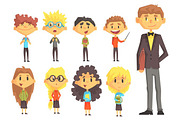 Elementary School Group Of Schoolchildren With Their Male Teacher In Suit Set Cartoon Characters