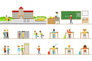 School Building Exterior And Kids In Its Corridors Illustrations
