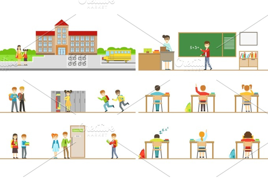 School Building Exterior And Kids In Its Corridors Illustrations in Illustrations - product preview 8