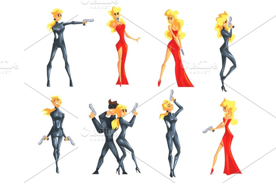 Secret Service Female Agent Undercover. Sexy Blond Woman Professional Asset In Red Fancy Dress And On Duty. in Illustrations - product preview 8