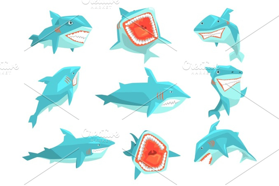 Great White Shark Marine Fish Living In Warm Sea Waters Realistic Cartoon Character Vector Set Of Different Views Illustrations in Illustrations - product preview 8