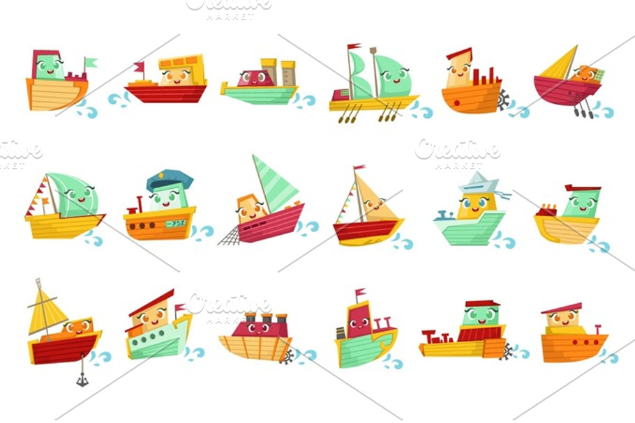 Toy Boats With Faces Colorful Illustration Set in Textures - product preview 8
