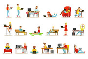 Happy People Spending Their Time Using Computer Set Of Vector Illustrations With Men And Women Using Modern Technology