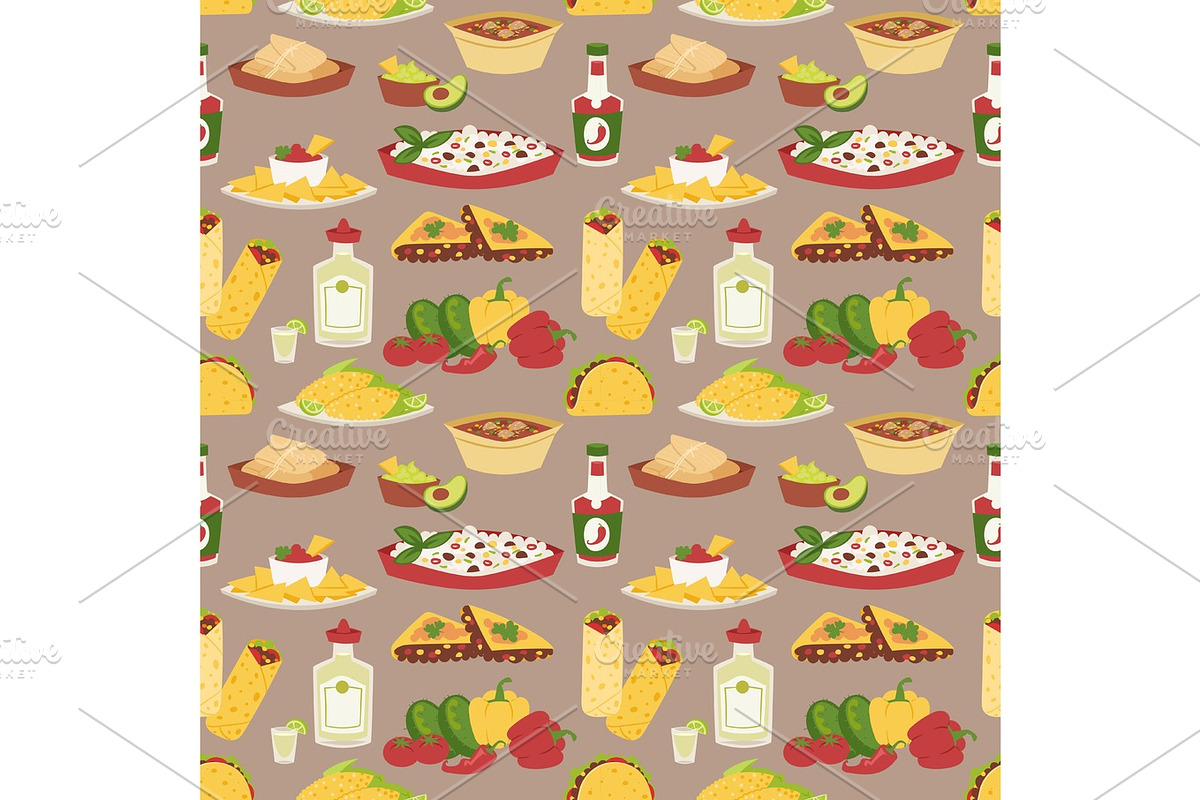 Mexican traditional dish with meat mexico food vector seamless pattern background in Objects - product preview 8