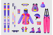 Set of snowboarding gear, clothing equipment icons, flat vector illustration