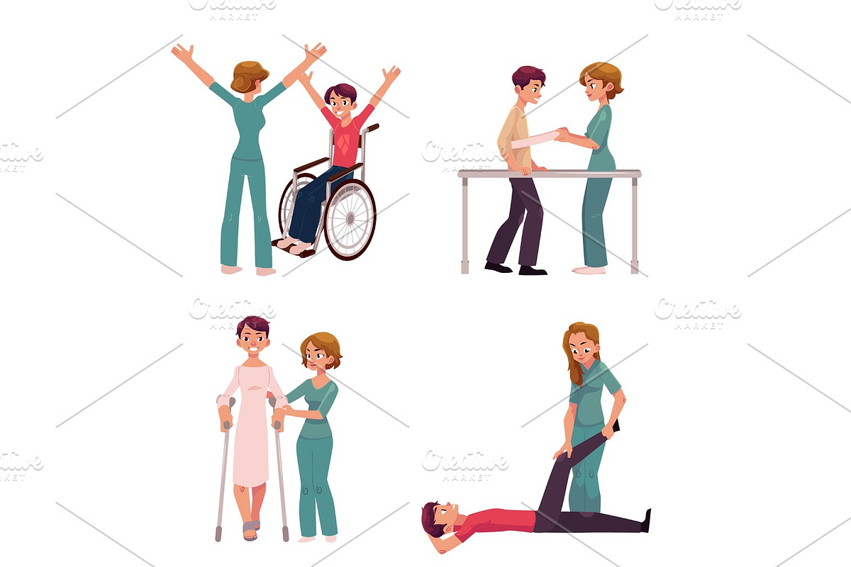 Medical rehabilitation, physical therapy activities, physiotherapist working with patients in Illustrations - product preview 8