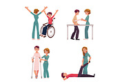 Medical rehabilitation, physical therapy activities, physiotherapist working with patients