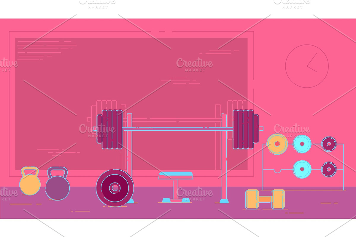 Gym exercise equipment room interior indoor set. Linear stroke outline flat style vector icons. Monochrome cycle bike power weight lifting gymnastics rings ball wall bars icon collection in Objects - product preview 8