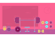 Gym exercise equipment room interior indoor set. Linear stroke outline flat style vector icons. Monochrome cycle bike power weight lifting gymnastics rings ball wall bars icon collection
