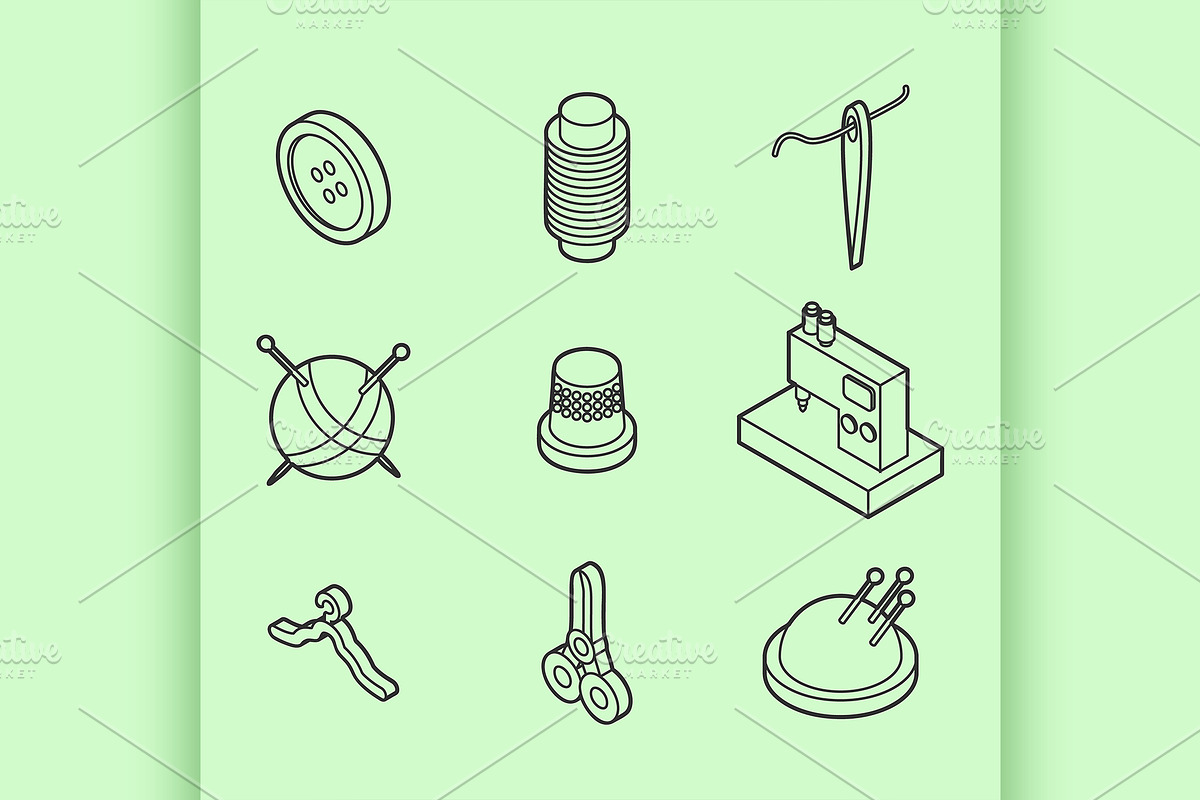 Sewing flat outline isometric icons in Illustrations - product preview 8