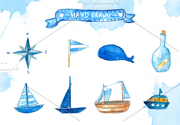 Watercolor Nautical Illustrations in Illustrations - product preview 1