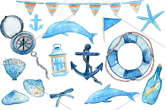 Watercolor Nautical Illustrations in Illustrations - product preview 3