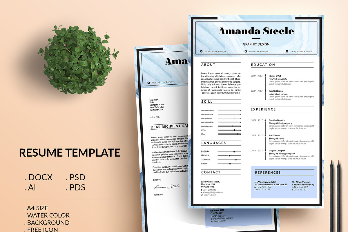 Water color CV / Resume Template / N in Resume Templates - product preview 8