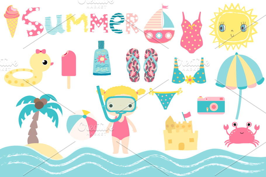 Summer beach holiday clipart set in Illustrations - product preview 8