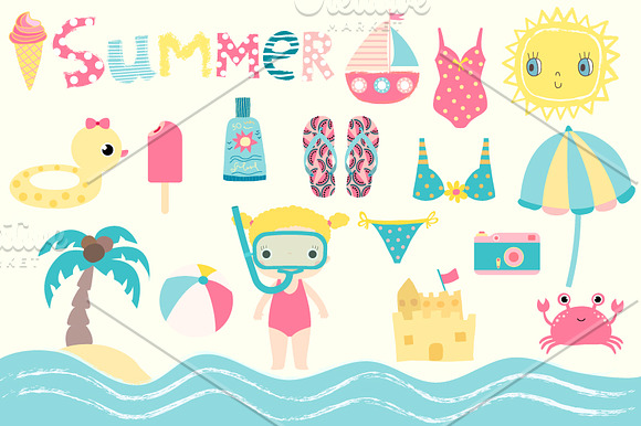 Summer beach holiday clipart set in Illustrations - product preview 2