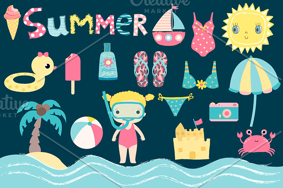 Summer beach holiday clipart set in Illustrations - product preview 3