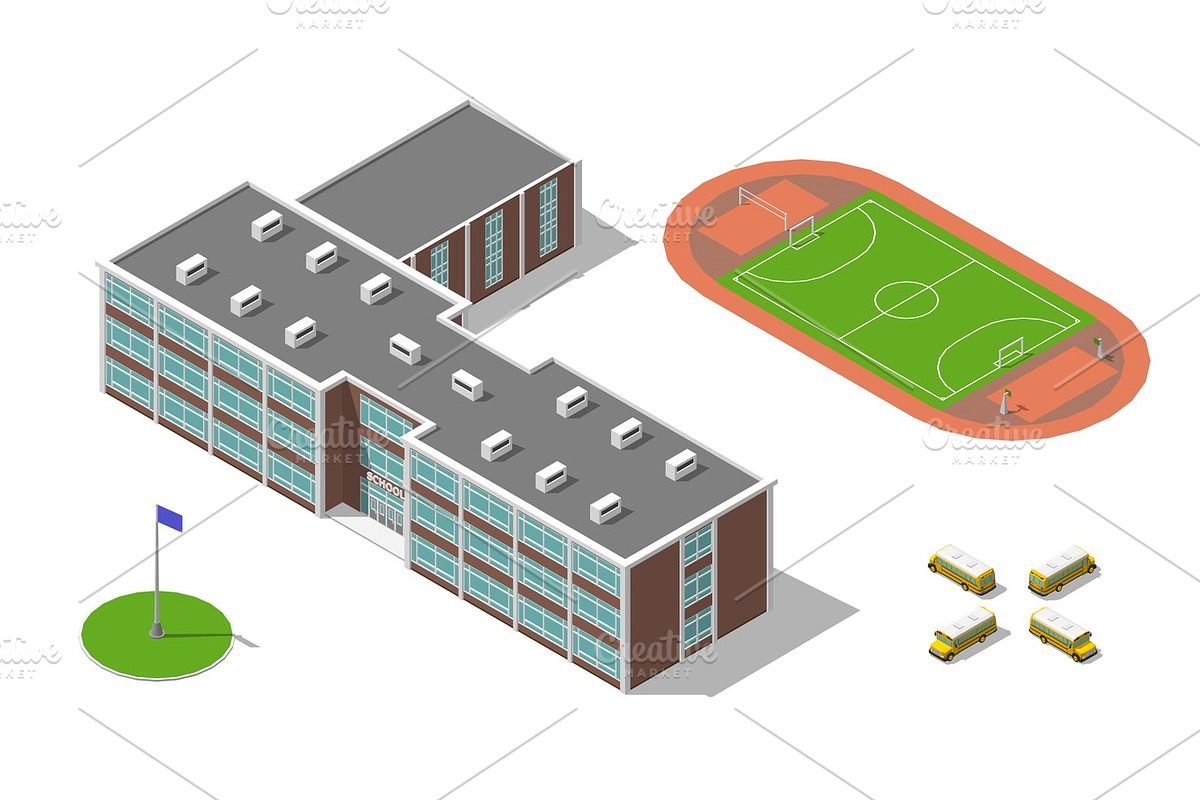 Flat 3d isometric school building, bus, stadium isolated on white. Vector illustration isolated on white. Elements of infographic collection. in Objects - product preview 8
