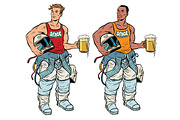 African and Caucasian cosmonaut with a beer