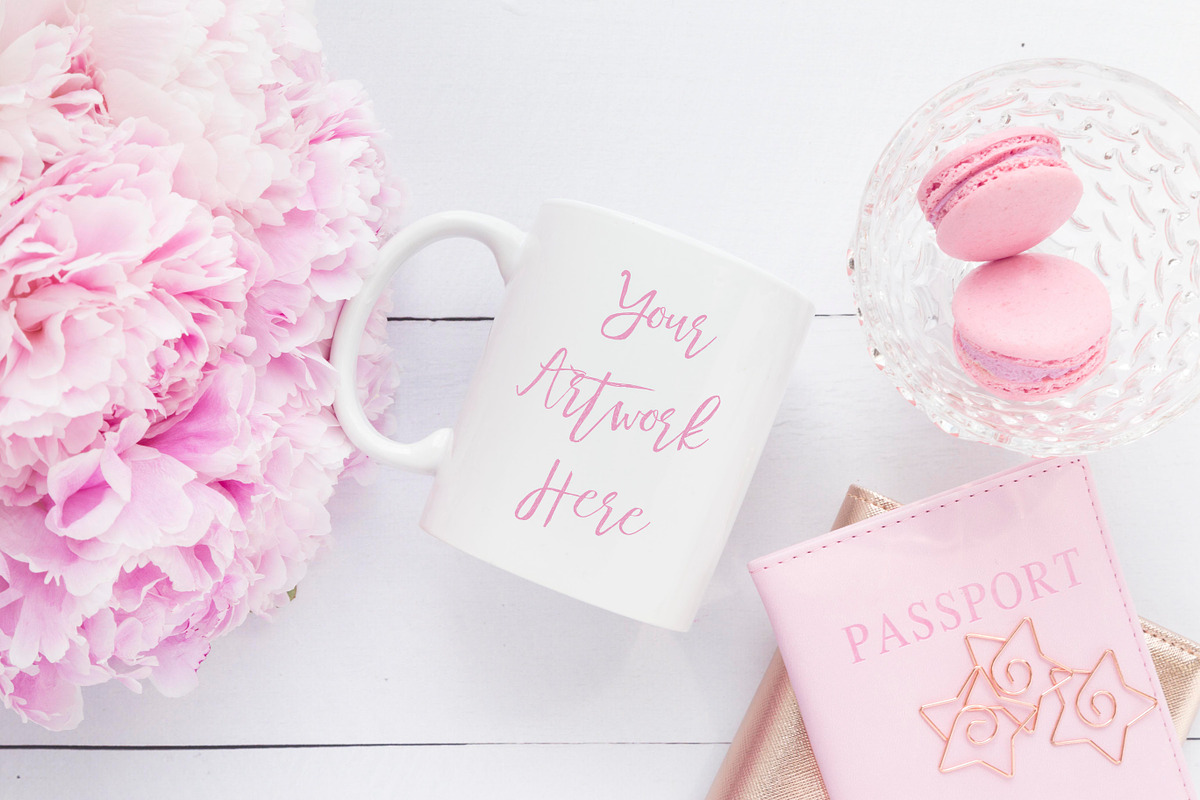 Pink Peonies and Macaroon Mug Mockup in Product Mockups - product preview 8
