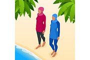 Muslim woman in swimsuit. Isometric Muslim, Islamic, traditional clothing on female. Vector illustration isolated on white.