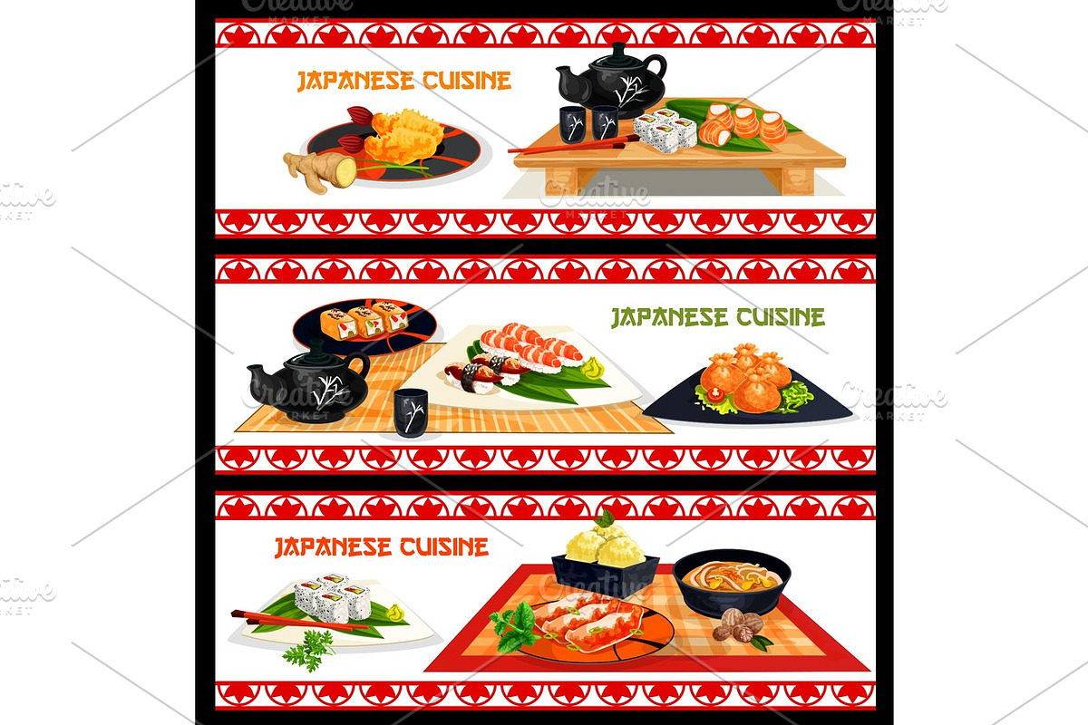 Japanese seafood dishes banner set menu design in Illustrations - product preview 8