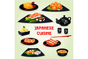 Japanese cuisine dinner with dessert cartoon icon