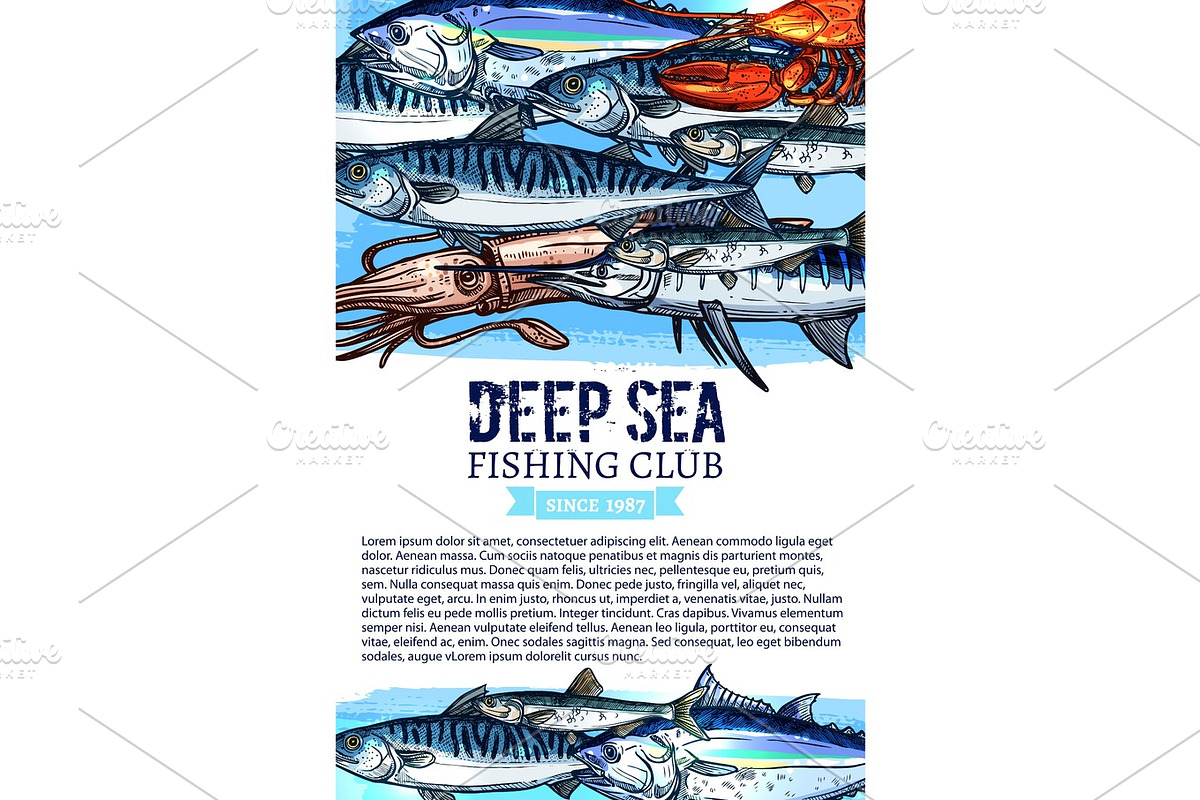 Fishing club banner with seafood and fish sketches in Illustrations - product preview 8