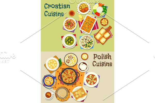 Polish and croatian cuisine icon set, food design