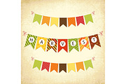 Cute autumn bunting flags with letters in traditional colors