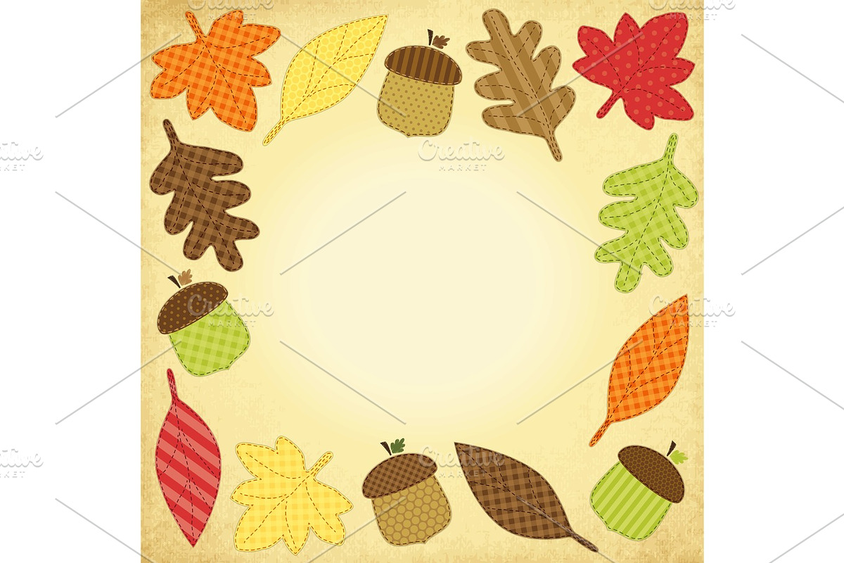 Cute autumn frame with leaves as retro fabric applique in Textures - product preview 8