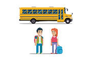 Children get on school bus. Vector flat illustration