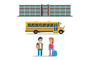 school bus and schoolchild vector flat illustration on white background