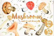 Watercolor forest mushrooms