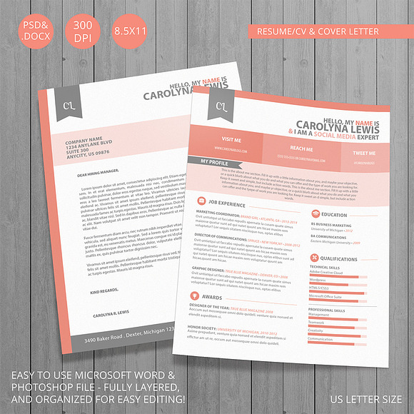 Resume CV and Cover Letter Set in Letter Templates - product preview 1