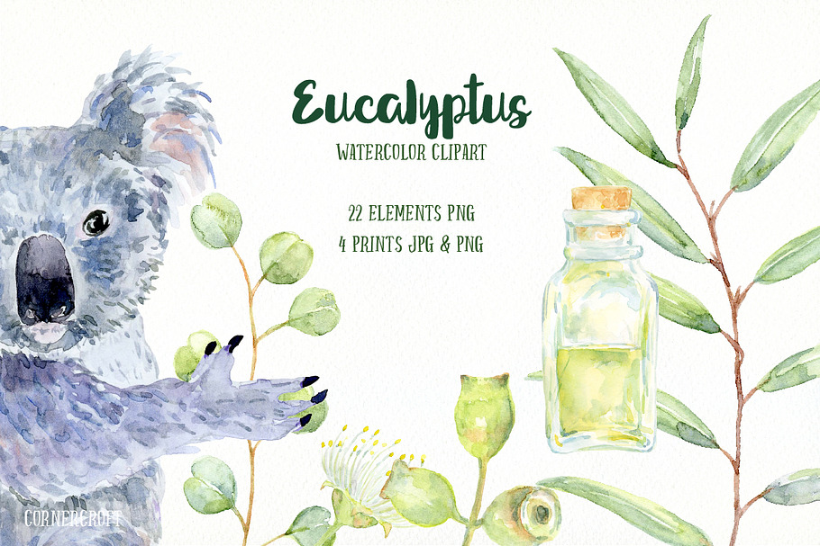 Watercolor Eucalyptus Koala Clip Art in Illustrations - product preview 8
