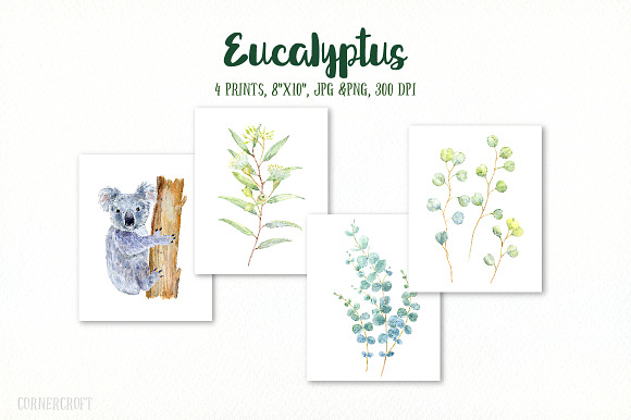 Watercolor Eucalyptus Koala Clip Art in Illustrations - product preview 3