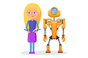 Blonde Girl in Glasses with Copybook and Robot