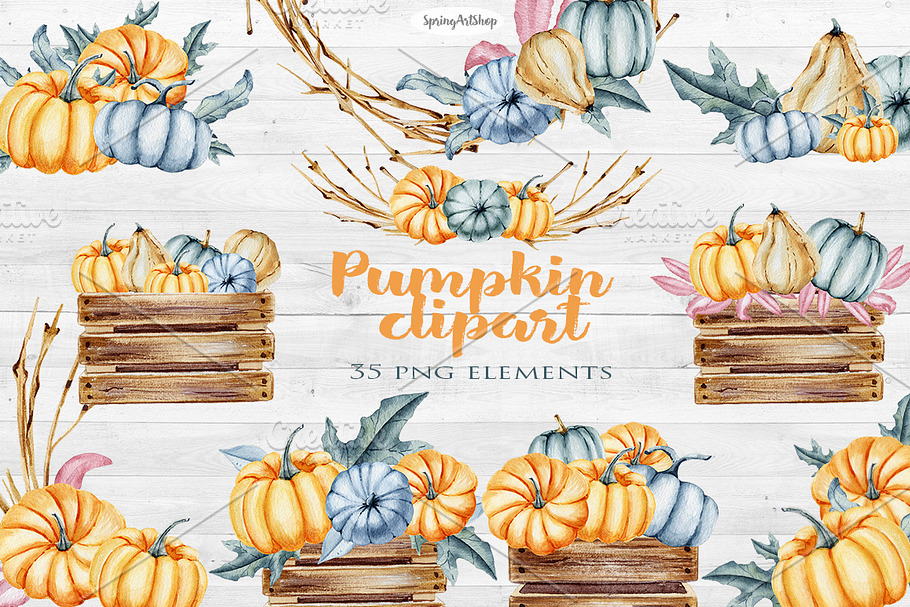 Autumn pumpkin watercolor set in Illustrations - product preview 8