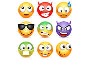 Smiley,emoticon set. Yellow face with emotions. Facial expression. 3d realistic emoji. Sad,happy,angry faces.Funny cartoon character.Mood. Web icon. Vector illustration.