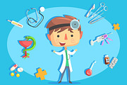 Boy Doctor, Kids Future Dream Professional Occupation Illustration With Related To Profession Objects