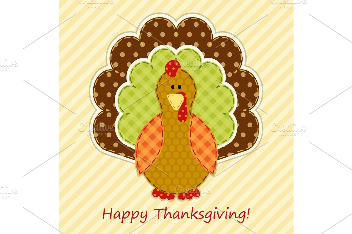 Cute Thanksgiving turkey as retro fabric applique in traditional colors in Illustrations - product preview 8