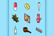 Drugs flat outline isometric icons