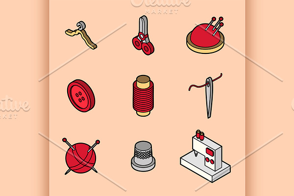 Sewing flat outline isometric icons