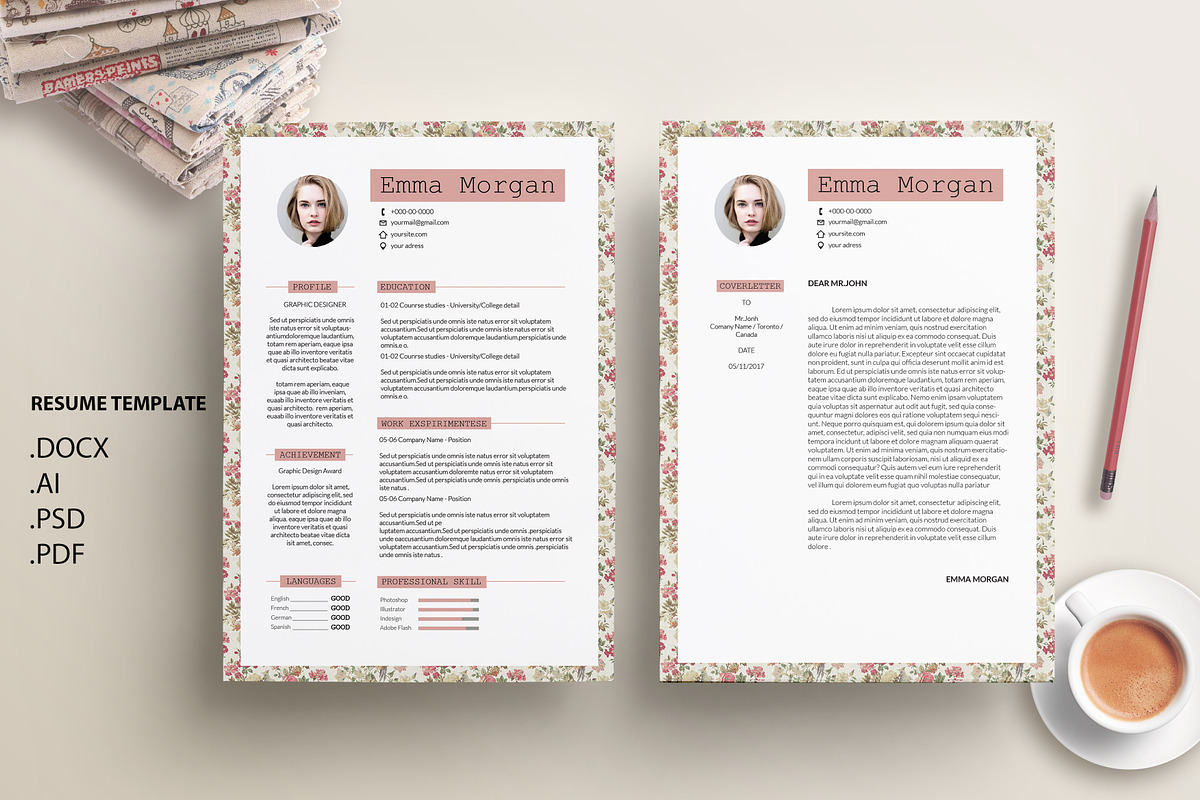 Vintage Floral CV /Resume Template M in Resume Templates - product preview 8