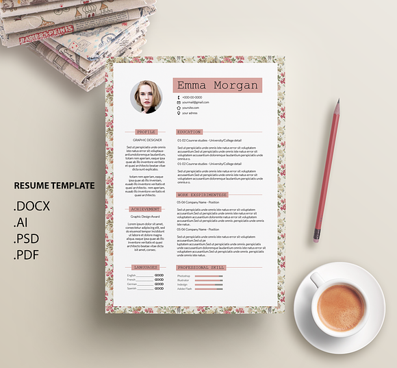 Vintage Floral CV /Resume Template M in Resume Templates - product preview 1