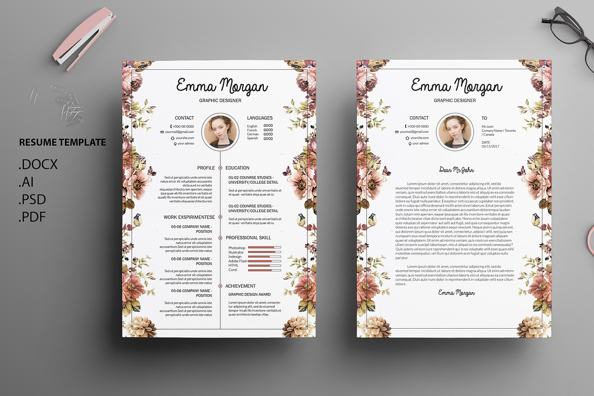 Floral side CV / Resume Template / M in Resume Templates - product preview 8