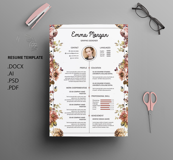 Floral side CV / Resume Template / M in Resume Templates - product preview 1