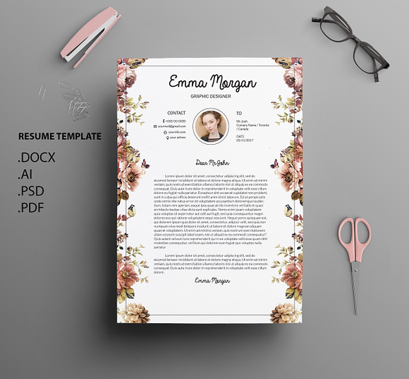 Floral side CV / Resume Template / M in Resume Templates - product preview 2