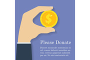 Gold dollar coin icon in man hand. Donation, giving money