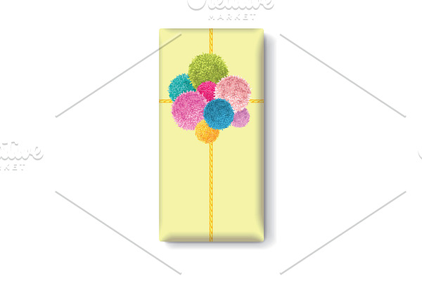 Vector Yellow Gift Box With a Bunch of Colorful Baby Kids Birthday Party Pom Poms Element. Great for handmade cards, invitations, wallpaper, packaging, nursery designs.